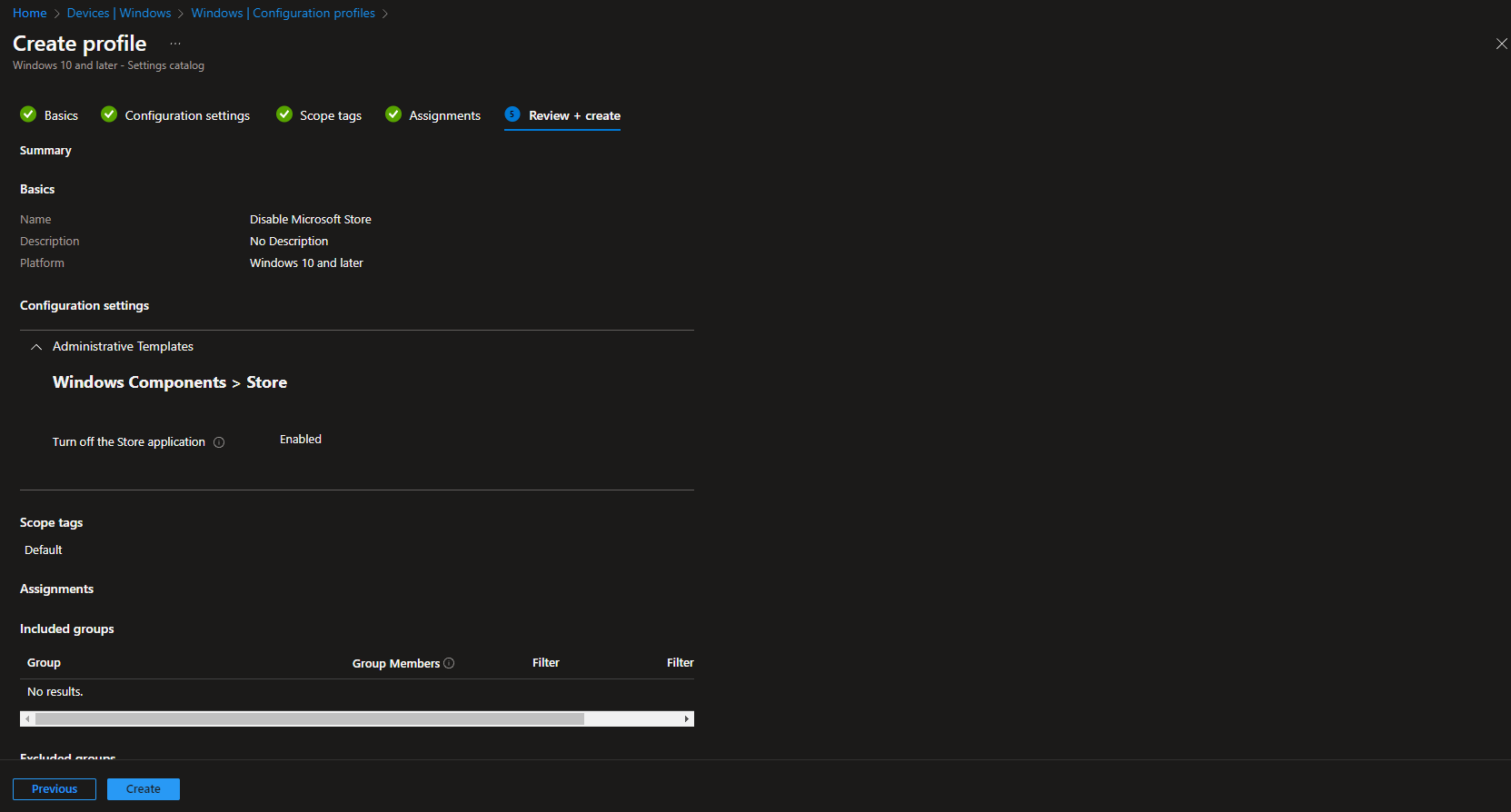 Review and create the configuration profile